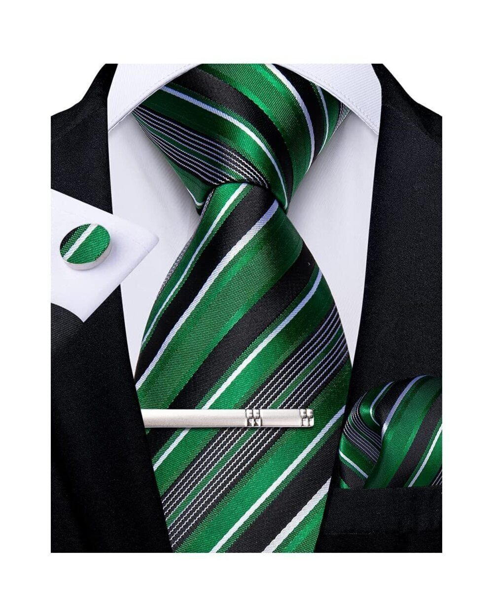 1141 Striped Tie Silk Woven Necktie and Pocket Square Cufflinks Tie Clip